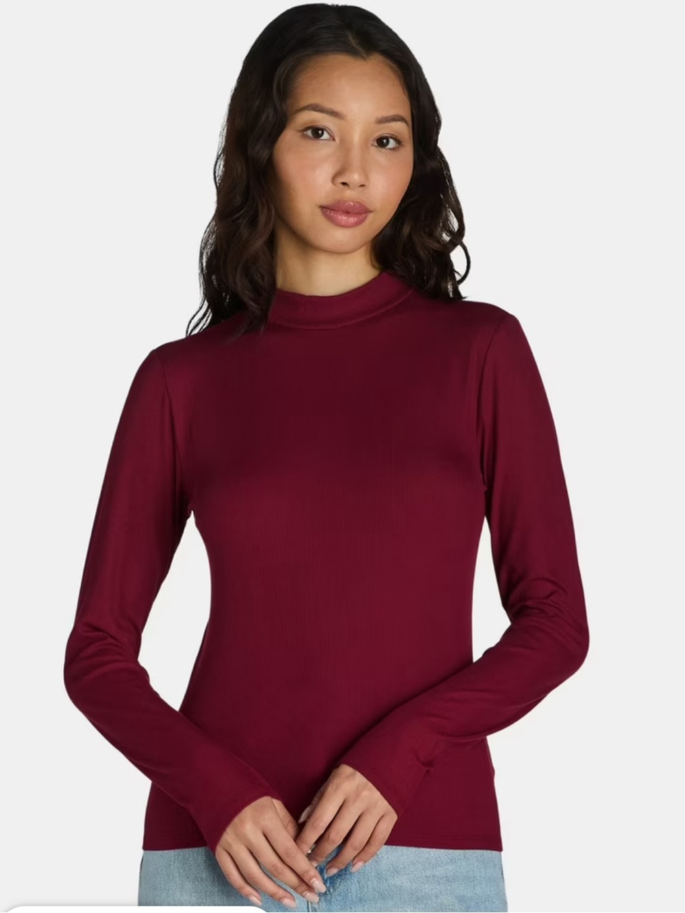 No Boundaries Women's Ribbed Mock Neck Long Sleeve Top - Burgundy